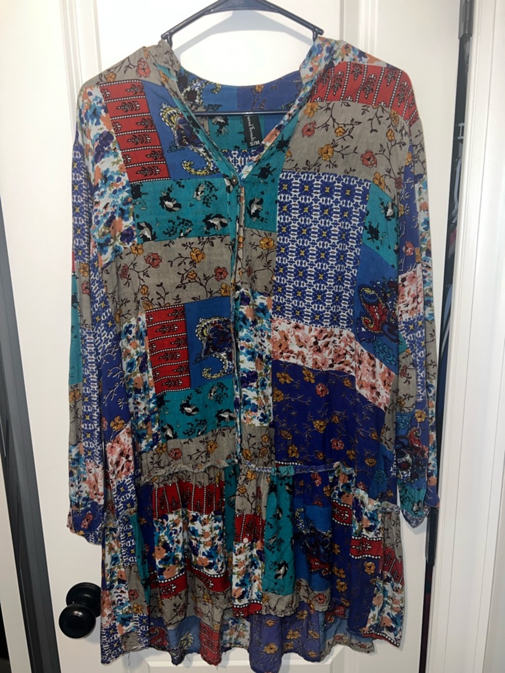 Sacred Threads Patchwork Boho Tiered Ruffle Mini Dress Tunic Top Flowy S/M